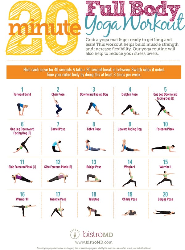 20 minute yoga full body workout showing poses infographic