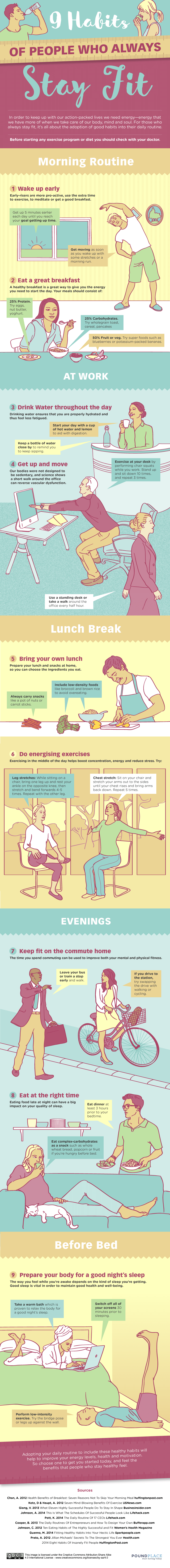 9 Habits of People Who Always Stay Fit. Morning Routine, At Work, Lunch Break, Evenings, Before Bed.