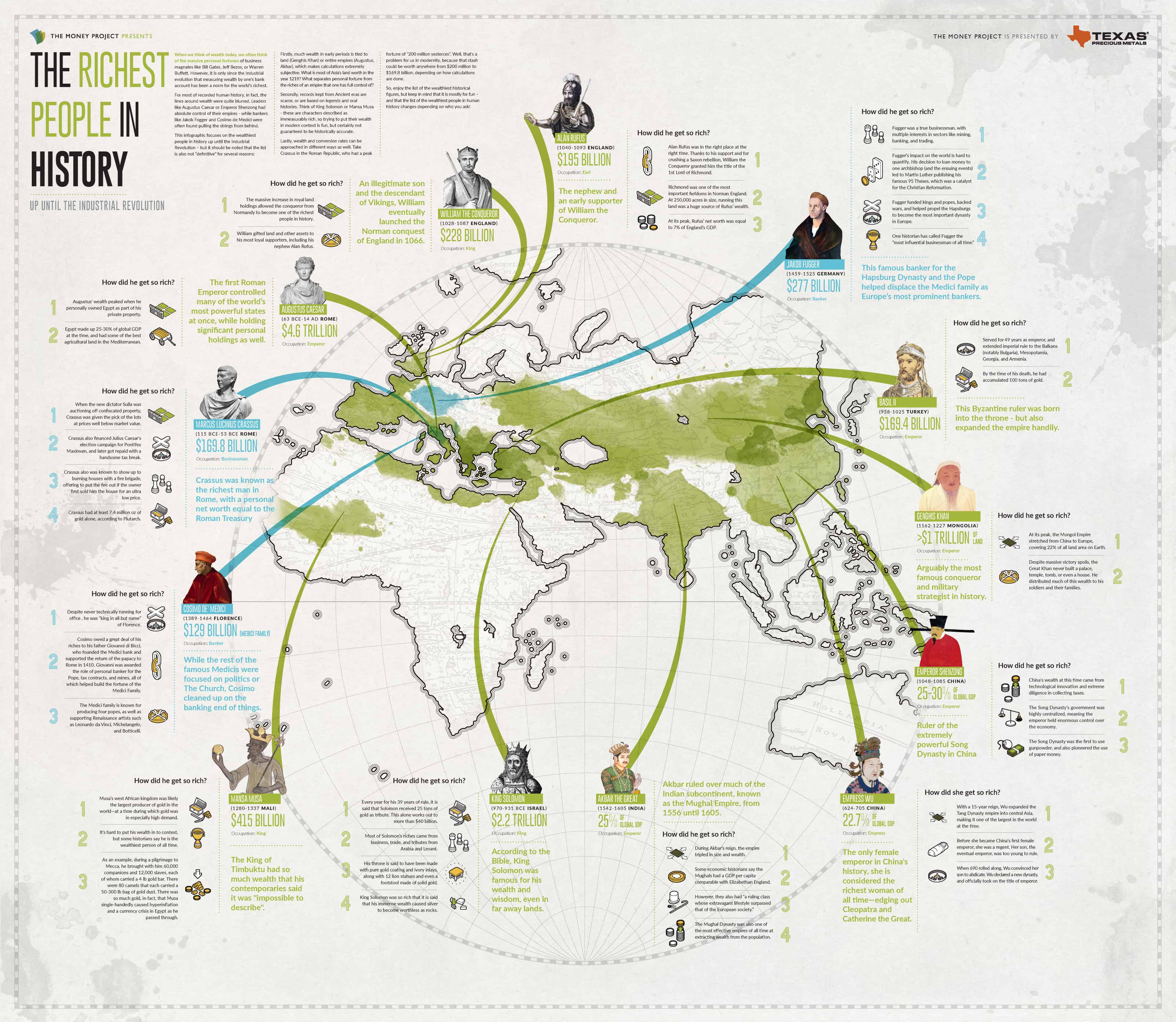 infographic has a map that describes the richest people in history